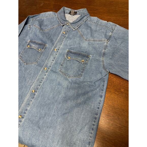 VTG Western Denim Pearl Snap Button Shirt Men Large Grunge Aztec Fringe Boho - Picture 1 of 14